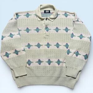 Vintage Franco Ziche Sweater Mens Medium Gray Argyle Knit Polo Made In Italy 90s